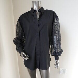 Brunello Cucinelli Black Sequin Blouse Button Down Sheer Sleeves Medium New Tags